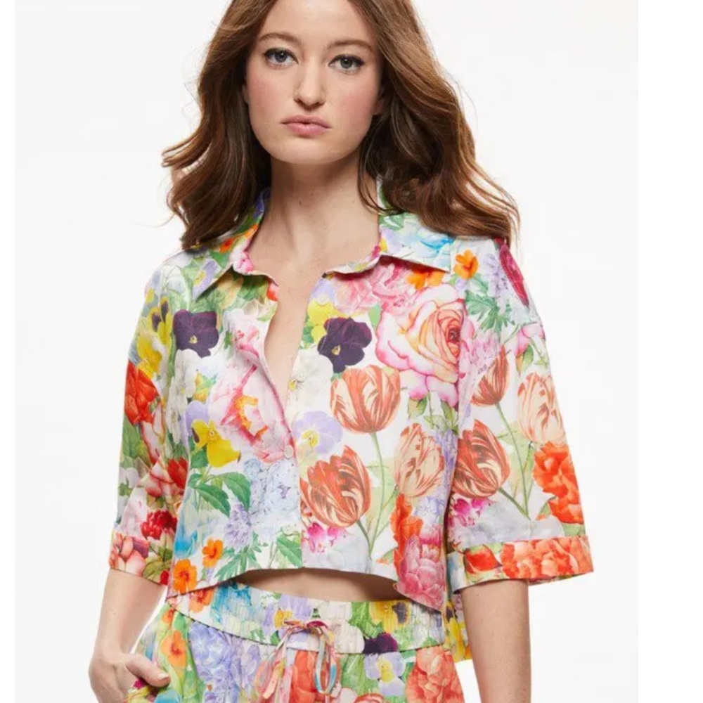 Alice + Olivia Carver Floral Linen Blend Shirt